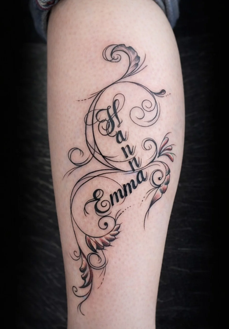 Filigranes Ornamentik-Tattoo mit Blättern, feinen Schnörkeln und integriertem Namen von Tätowierer Lutz, Living Pictures.