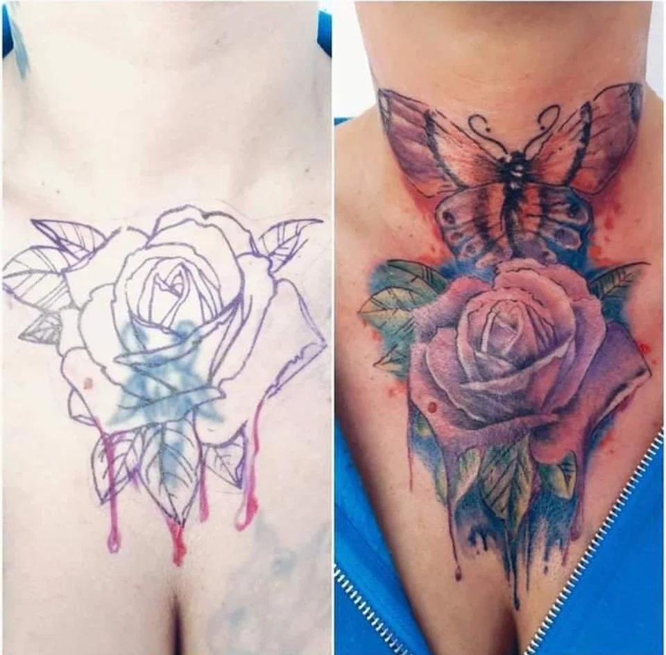 Farbiges Watercolor Cover Up Tattoo mit einer Rose und Schmetterling von Lutz bei Living Pictures Tattoo.
