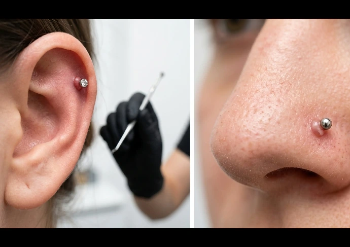 Medizinisches Anschauungsbild von wildem Fleisch (Hypergranulation) an einem Helix-Ohrpiercing und einem Nostril-Nasenpiercing.